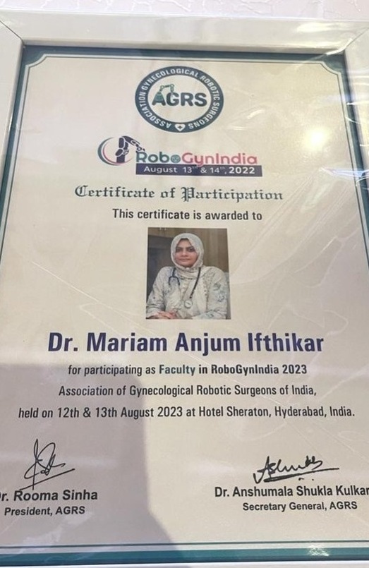 Dr. Mariam Anjum — RoboGyn India 2023 — Faculty Certificate